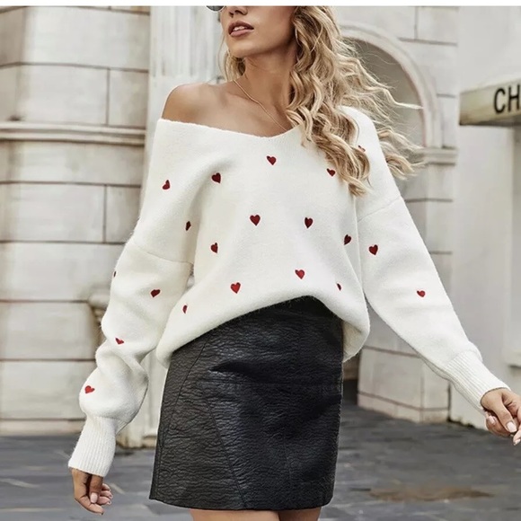 Sweaters - Heart sweater embroidery top womens white long sleeve vneck winter
